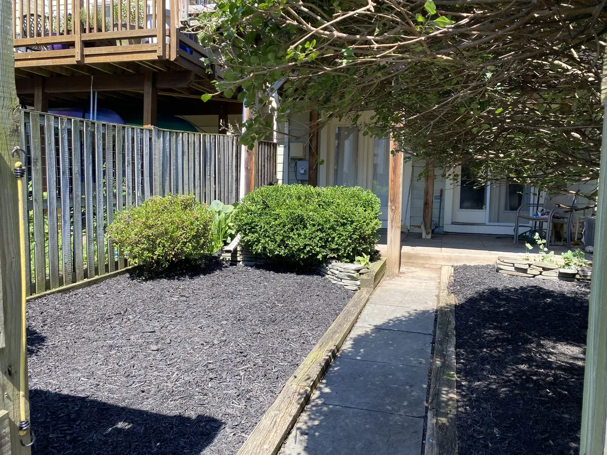 Clean mulch bed with dark pathway and trimmed shrubs
